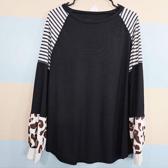 Leopard Lantern Sleeve Stripe Patchwork Casual Colorblock Top - Picture 2 of 7